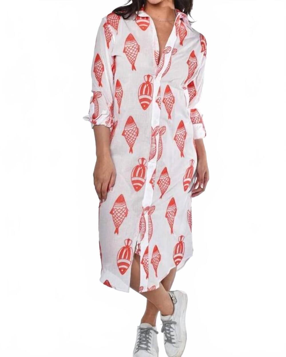 NEW EMILY PHILLIPS fish midi dress in red/ white
